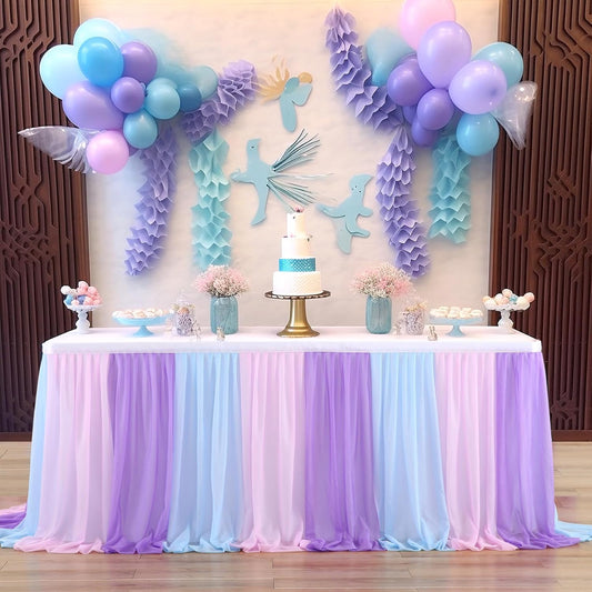 6ft Pink Blue Purple Tulle Table Skirts for Mermaid Baby Shower Birthday Party Wedding Pastel Tutu Table Cloth Cover for Rectangle Tables or Round Tables