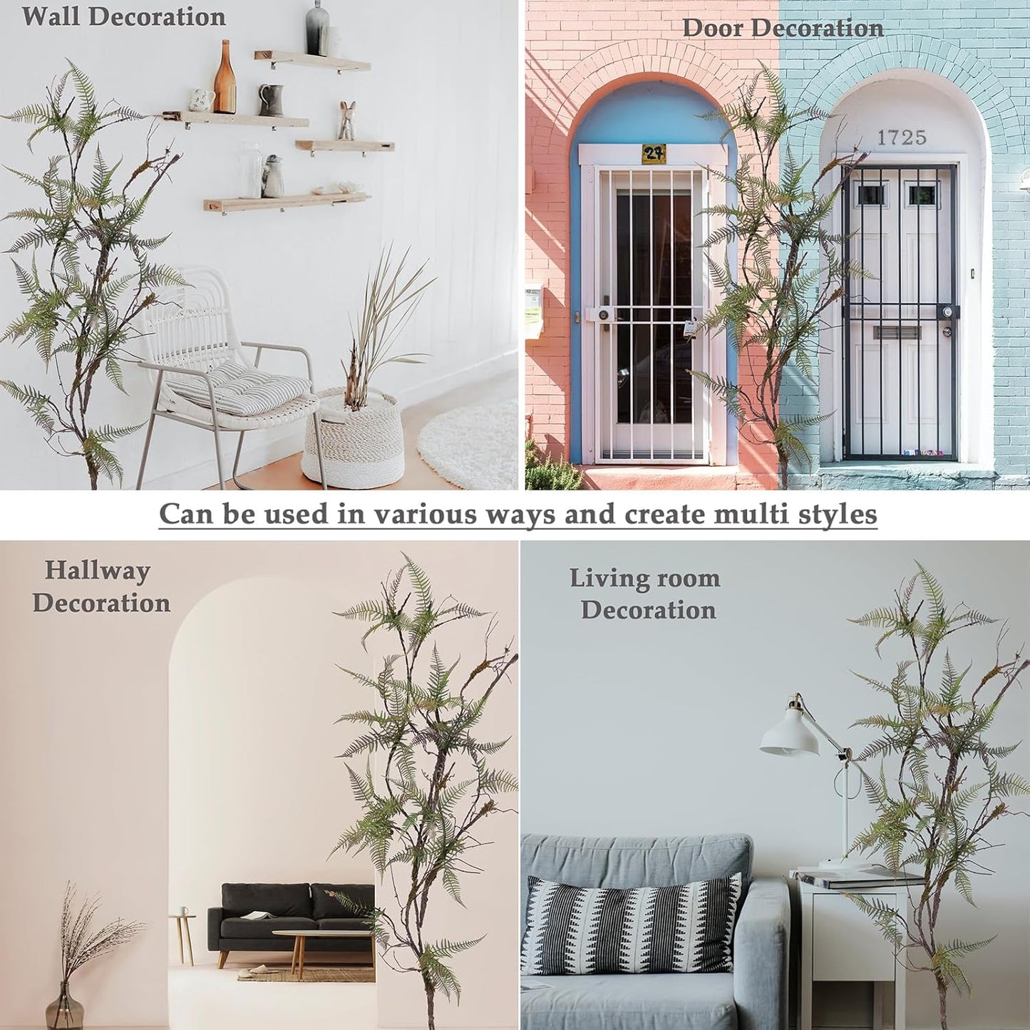 78.7 in Height Set of Artificial Tree Branches with 4pcs Persian Fern Leaves Fake Tree Vines Trunk Twigs Silk Moss Green Plants for Wall Hanging Home Wedding Backdrop Room Shop Decoration