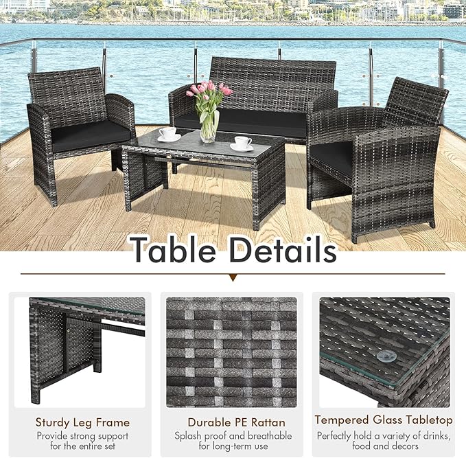 Goplus 4-Piece Rattan Patio Furniture Set, Outdoor Wicker Conversation Sofa - Image 3
