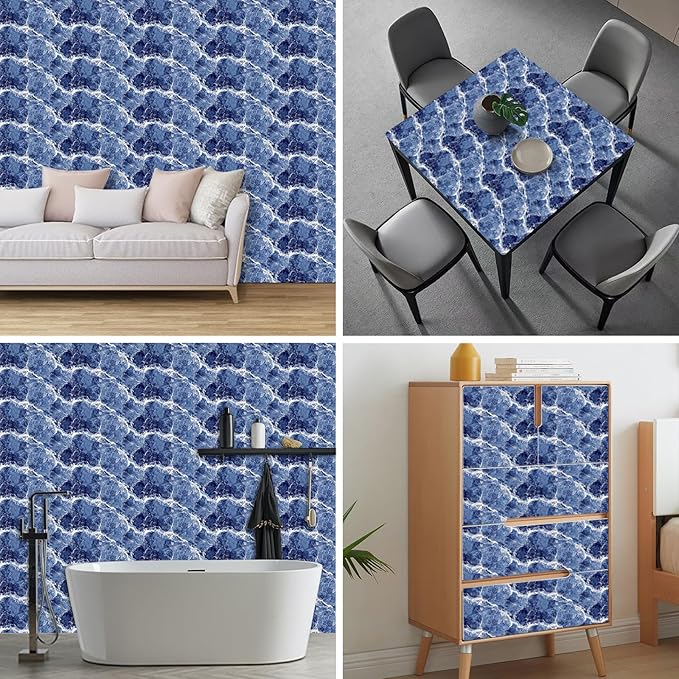 HOMETITUTE Blue Marble Wallpaper Peel and Stick Ocean Wave Pattern 118.1x17.7 - Image 8