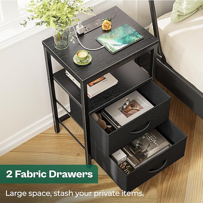 Huuger Nightstand with Charging Station, Side Table with 2 Fabric Drawers - Image 5