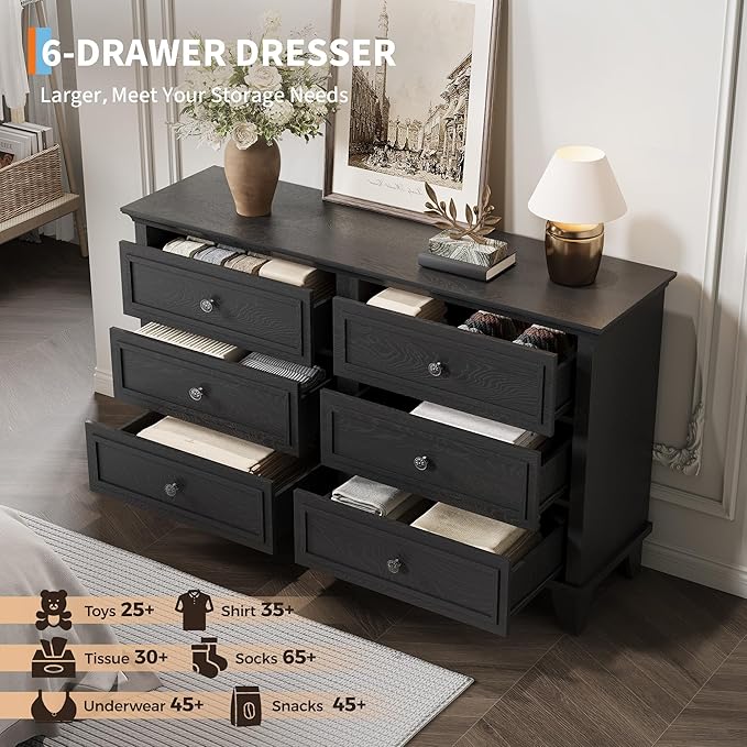 IDEALHOUSE 6 Drawer Dresser, Wooden Storage Chest of Drawers - Image 5