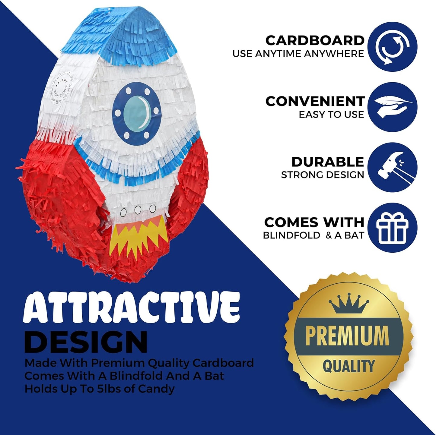 Rocket Pinatas Bundle with a Blindfold and Bat(16.5x11.4x4 Inches), Perfect for Boy's Birthday Party Supplies, Space Theme Birthday, Decoration for Kids Party