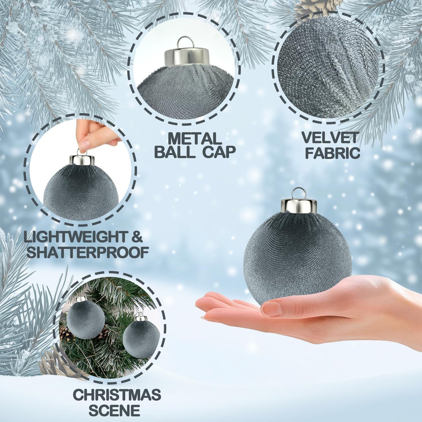 Neutral Velvet Christmas Tree Ornaments Set - Gray Xmas Hanging Baubles 15 PCS, Large Flocked Elegant Christmas Ball Ornaments, Shatterproof Decor for Holiday (Gray, 3.15 Inch)
