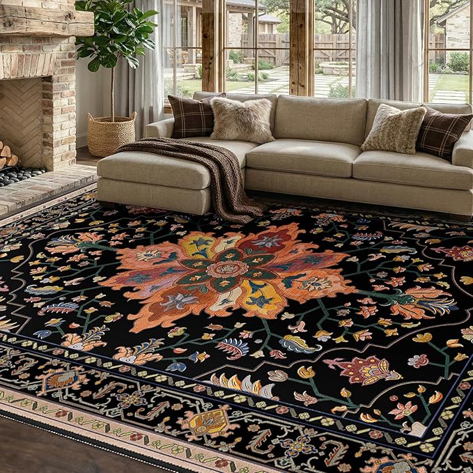 RELEANY Area Rugs 7'x9' Washable Non-Slip, Floral Vintage Distress Print by RELEANY