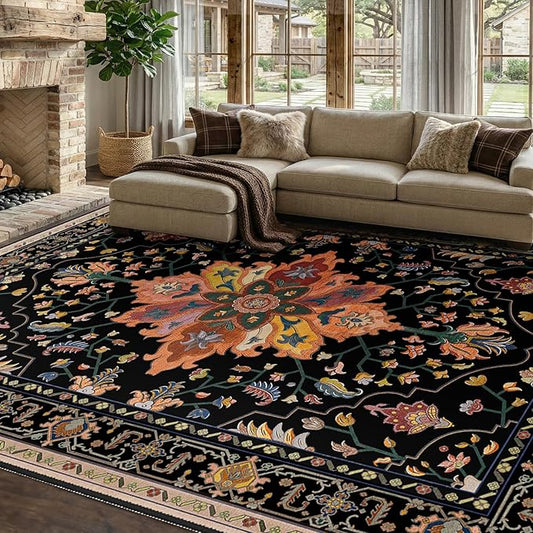 RELEANY Area Rugs 7'x9' Washable Non-Slip, Floral Vintage Distress Print by RELEANY