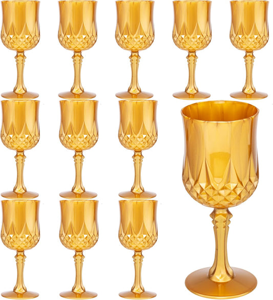 JLYLOL Plastic Vintage Wine Glasses 7OZ Plastic Goblets Vintage Drinking Glasses 12PCS Retro Wedding Glassware Water Goblets Reusable Drinking Cups for Party,Reception,Celebration,Bar,Whiskey(Amber)