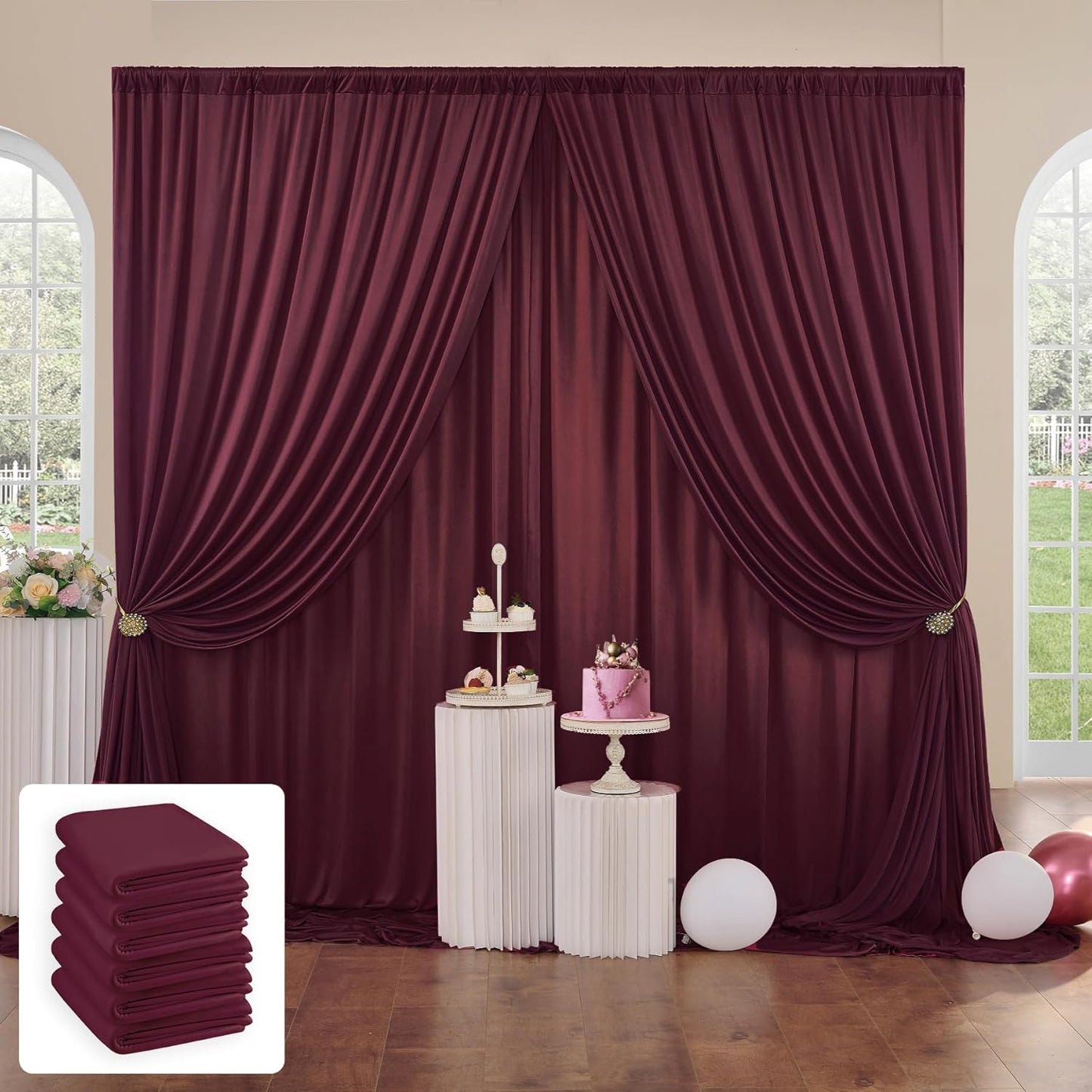 30 ft x 10 ft Wrinkle Free Maroon Backdrop Curtain for Parties, Polyester Burgundy Photo Backdrop Drapes 6 Panels 5x10ft for Baby Shower Wedding Birthday Party Engagement Ceremony Decoration