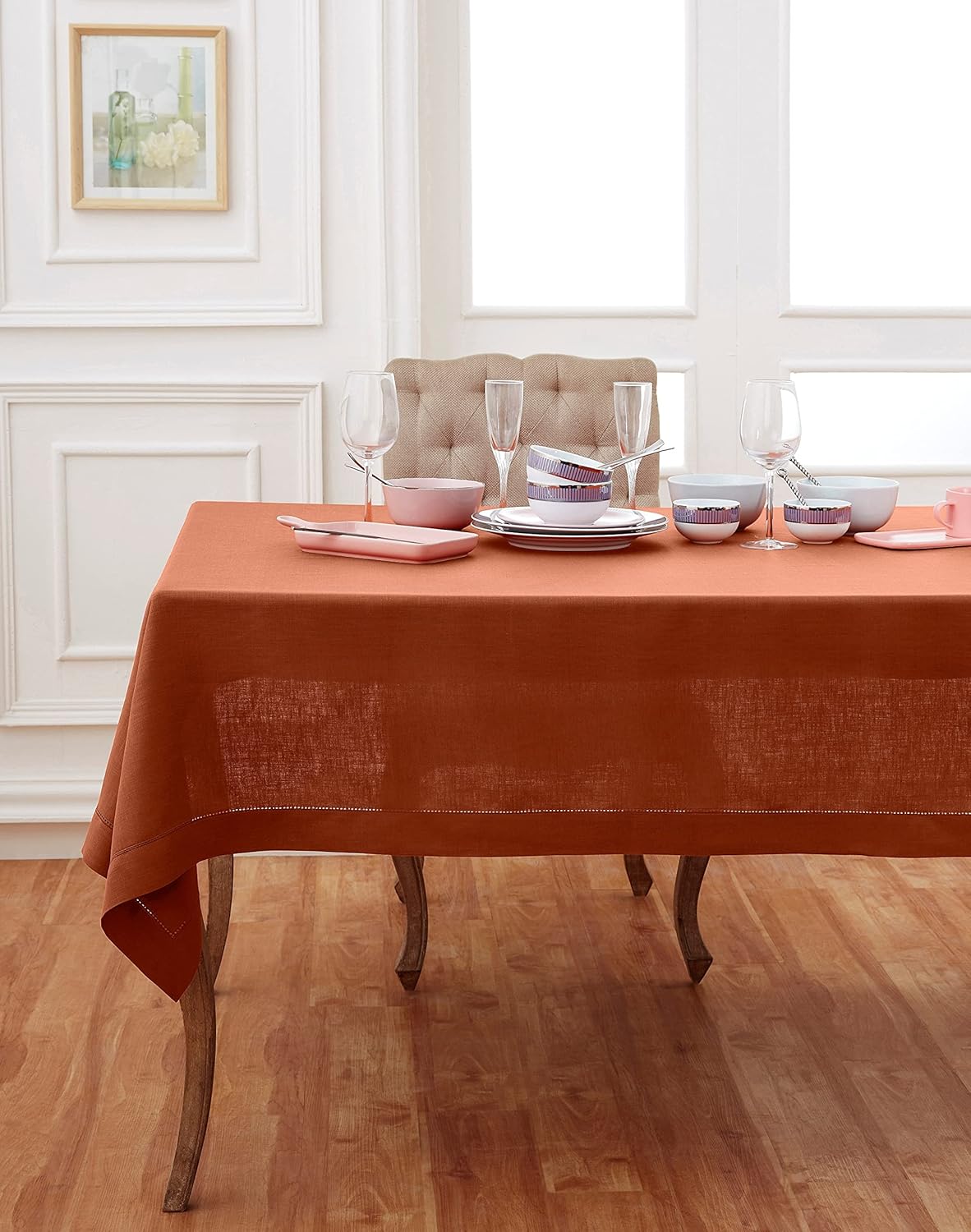 Solino Home Linen Cinnamon Tablecloth 60 x 120 Inch - Classic Hemstitch, 100% Pure Linen Rectangular Tablecloth - Machine Washable Table Cloth for Fall, Autumn, Halloween, Thanksgiving