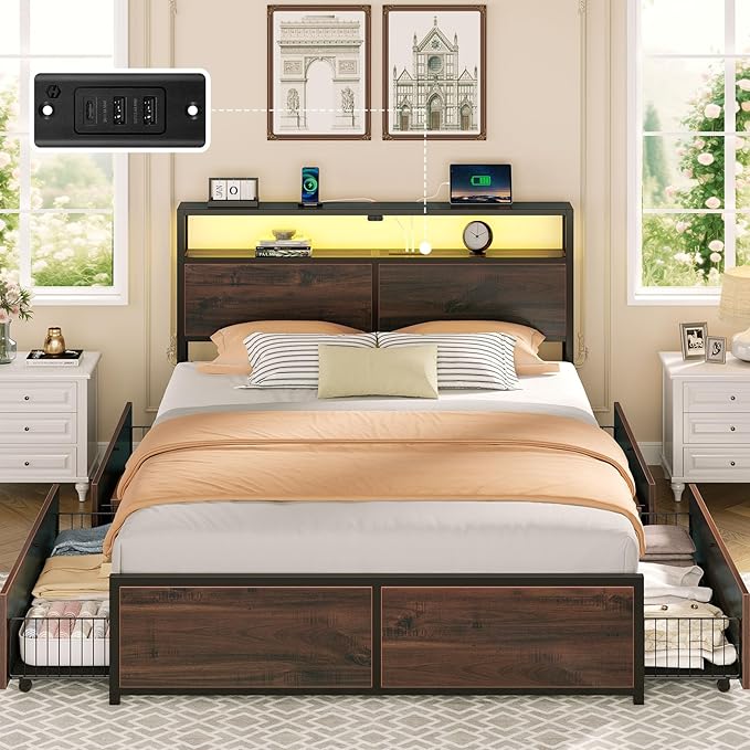 Rolanstar Queen Bed Frame with 4 Storage Drawers & 2-Tier Storage Headboard - Image 8