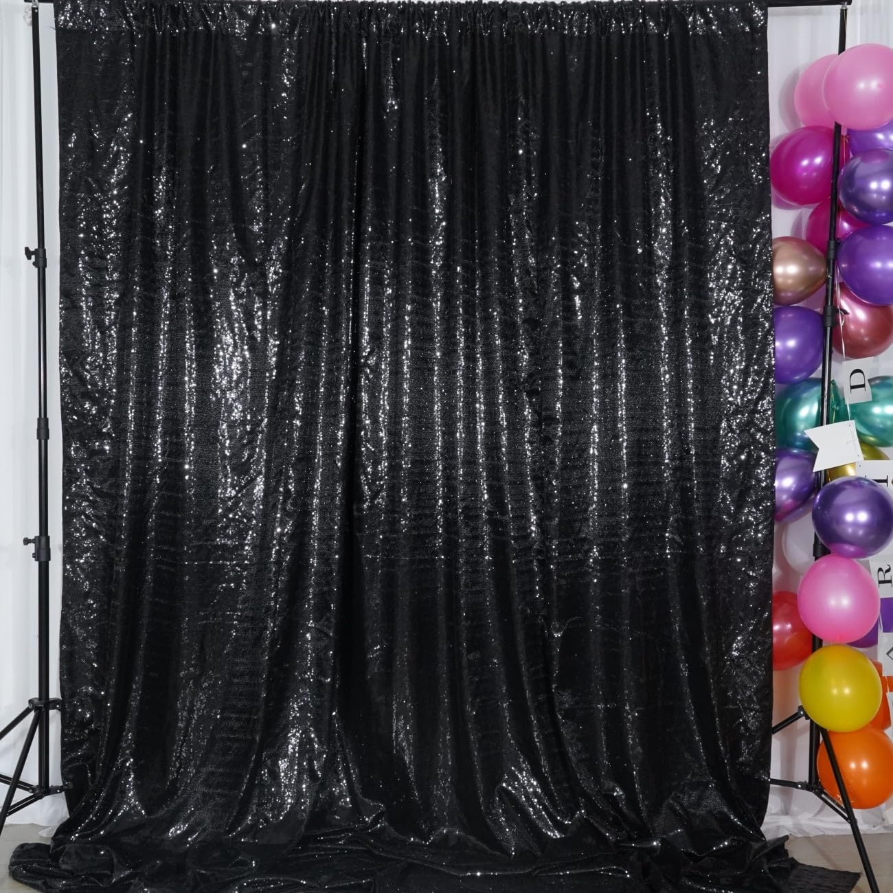Poise3EHome 8Ft x 8Ft Black Sequin Backdrop, Glitter Thick Satin Background Drapes, Sparkly Opaque Photography Curtain, Sequence Xmas Thanksgiving Backdrop for Wedding Party Holiday Festival Decor