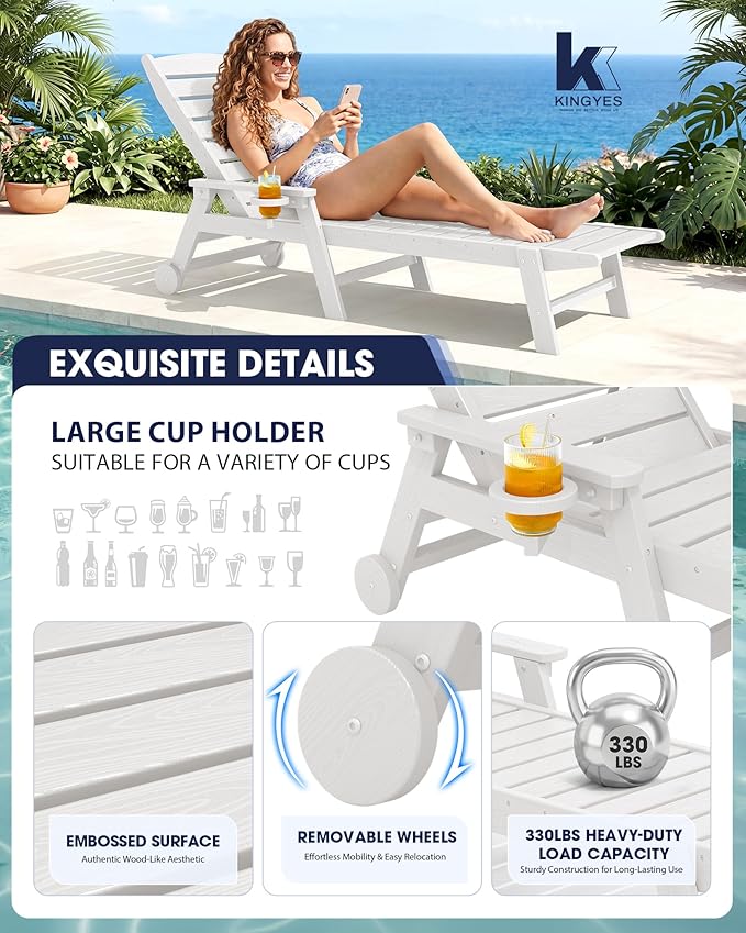 KINGYES HDPE Lounge Chair Outdoor, Patio Chaise Lounge Recliner - Image 4