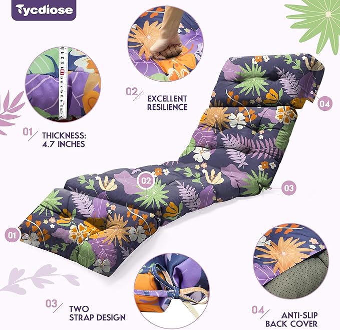 Outdoor Chaise Lounge Chair Cushion Set of 4, Waterproof 74.4 x 22 x 4.7 Inches - Image 4