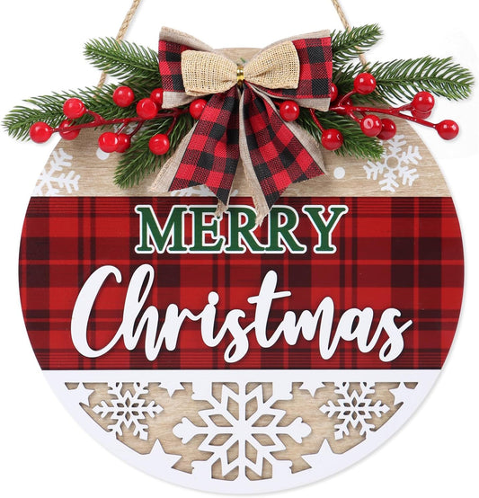 CHDITB 3D Merry Christmas Front Door Sign Wreath(11.4”), Red Black Bufflao Plaid Christmas Decoration Wall Hanging with Snowflakes Berries Mistletoe, Rustic Farmhouse Xmas Decor for Home Winter Party