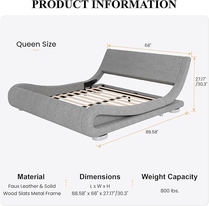 SHA CERLIN Queen Size Upholstered Bed Frame, Deluxe Low Profile Sleigh Bed - Image 2