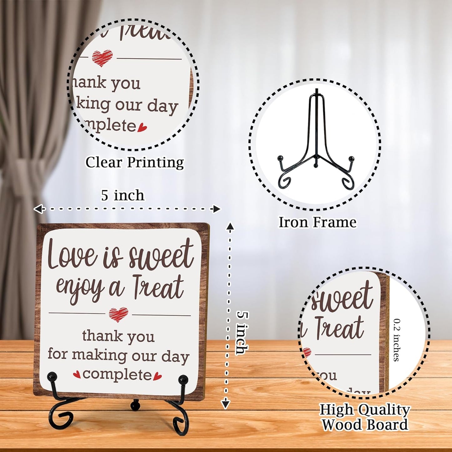 5“ Romantic Decor Plaque, Love Is Sweet Enjoy A Treat Table Sign With 1 Iron Support For Wedding Party Dessert Table, Wedding Party Bridal Shower Anniversary Valentine's Day Party Decor.