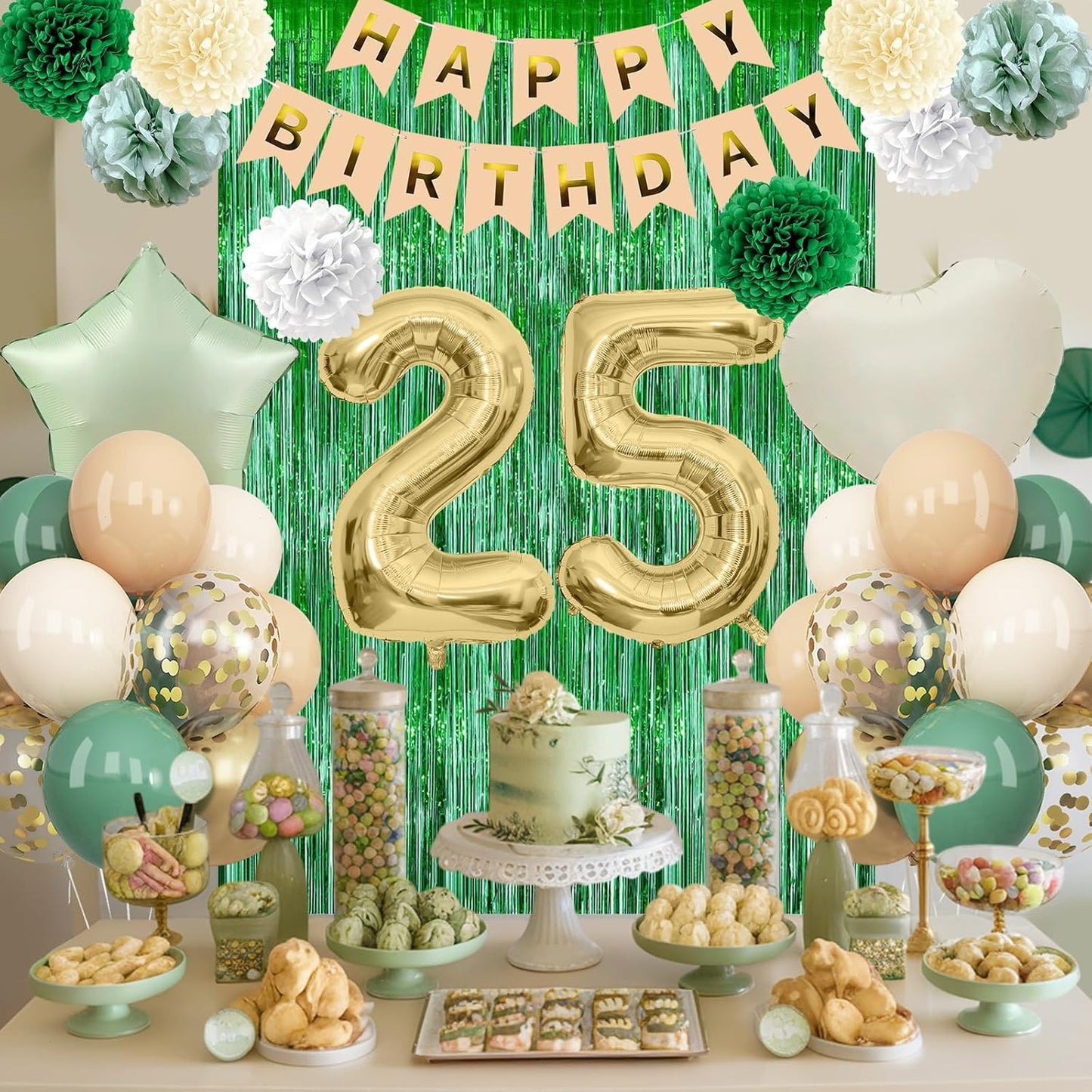 Sage Green 25th Birthday Decorations for Him Gold Number 25 Balloon Nude Gold Happy Birthday Banner Fringe Curtain Paper Pom Poms Olive Green Cream White Sand Star Foil Balloons Party Decor