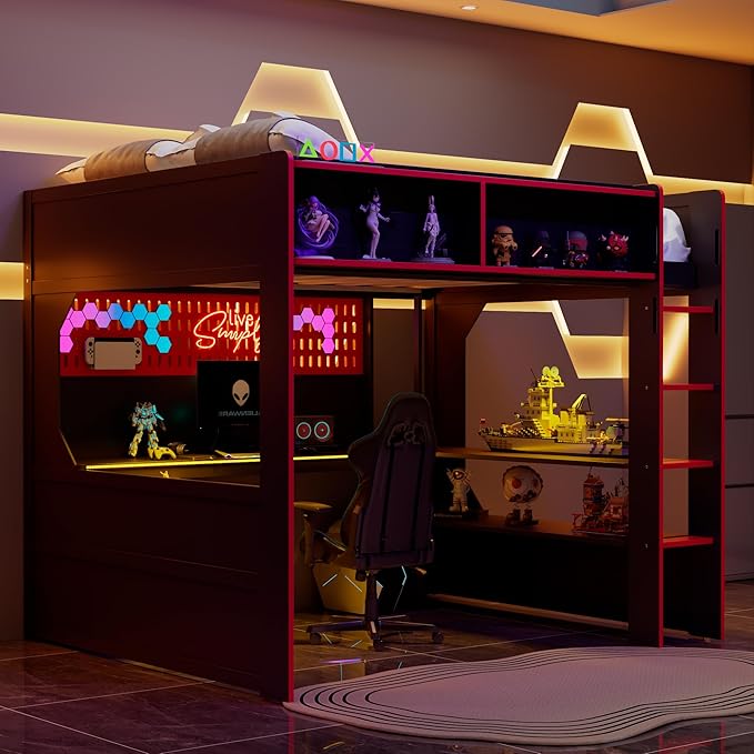 Modern Gaming Loft Bed with Built-in Desk, LED Lighting & Charging Hub – Full by Unknown