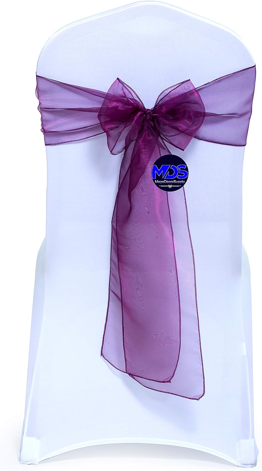 MDS Pack of 75 PCS Organza Chair Sashes Wider Dining Chair Bows Ribbon Tie Back for Wedding Party Birthday Bridal Shower Reception Event Banquet Home Chair Cover Decoration - Eggplant