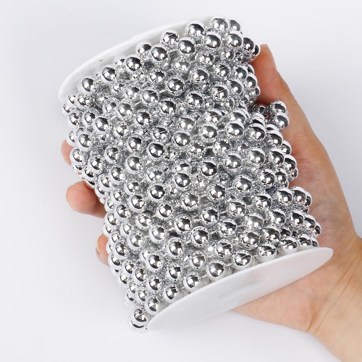 [33 Feet] Silver Pearl Beads Garland, 10MM 11 Yards Silver Faux Pearl Beads String Roll Bulk for DIY Craft Christmas Tree Wedding Party Decoration