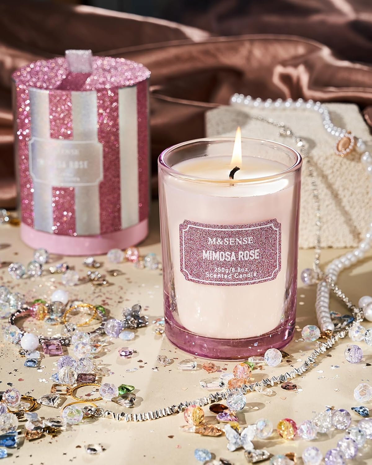 M&SENSE Rose Scented Candles, Classic Size 8.8 oz Glitter Jar Candles, Holiday Candles Gifts for Women, Strong Scented Natural Soy Candle for Winter Home Decor, 50 Hours Long Burning Candles