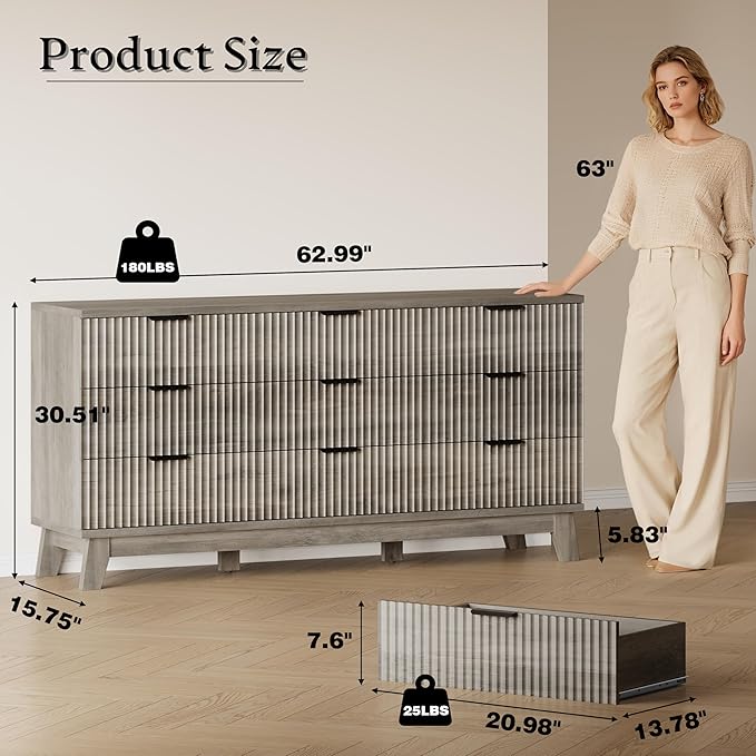 BORNOON 63" Long Dresser for Bedroom, 9-Drawer Fluted Dresser, Extra-Wide Wood - Image 2