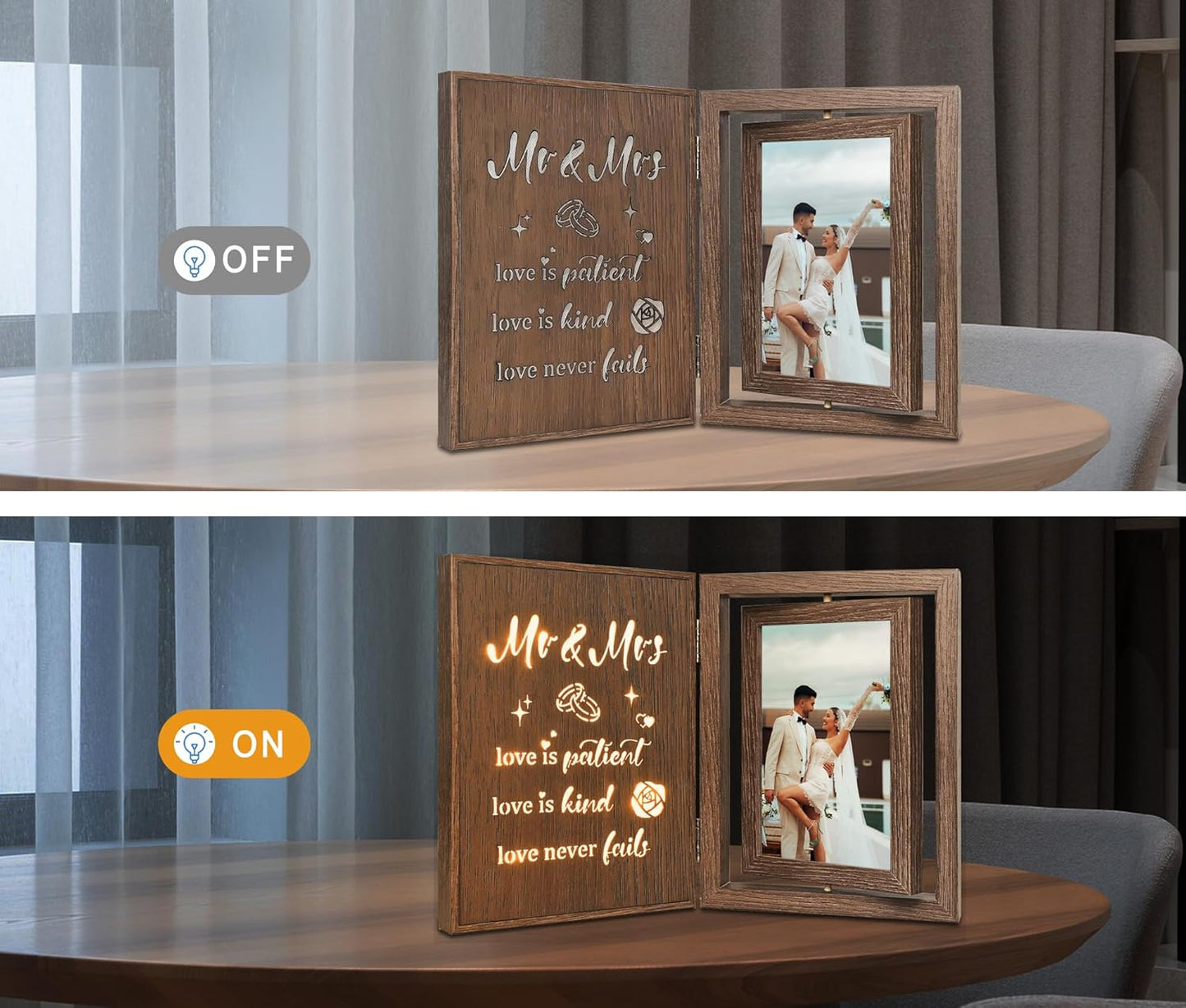 Light Up Wedding Picture Frame for Couples – Wooden Rotating Glowing 4x6 Double Photo Frame with MR & MRS Quote, Rustic Wedding Gifts for Newlyweds & Bridal Shower Gifts