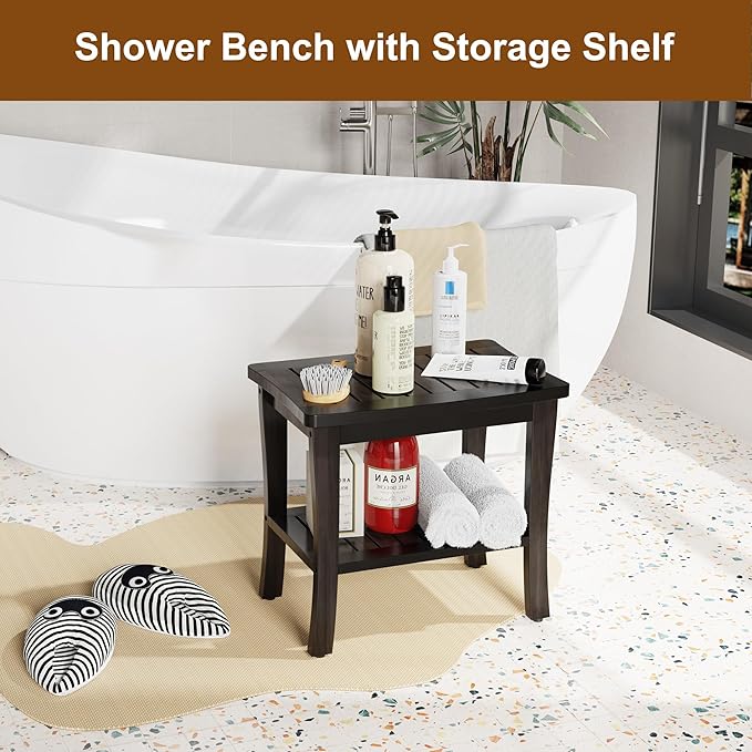 Extra Bamboo Black Shower Bench Stool Waterproof Shower Chair Spa Bath Seat - Image 2