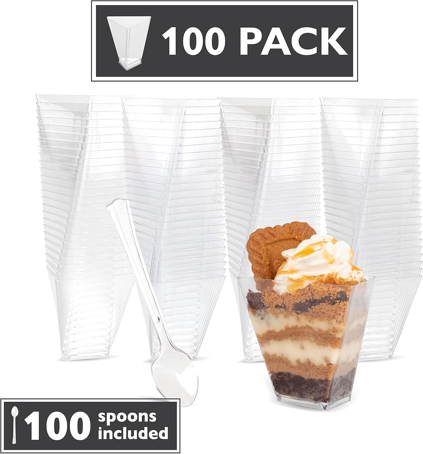 Ilyapa 3oz Plastic Dessert Cups - 100 Pack Mini Dessert Cups with Spoons - Clear Reusable Small Appetizer Cup for Cheesecake Shooters, Chocolate Mousse - Party and Catering Supplies - Triangle
