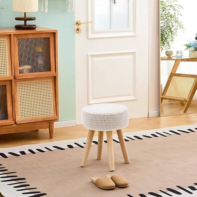 Wimarsbon Pouf Ottoman, 100% Cotton Knitted Boho Footstool, Round Footrest - Image 5