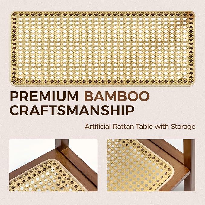 Rattan Side Table Mid Century Modern End Table Living Room 2-Tier End Table - Image 4