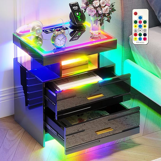 HNEBC RGB Nightstand with Wireless Charging Station, LED Night Stand with by HNEBC
