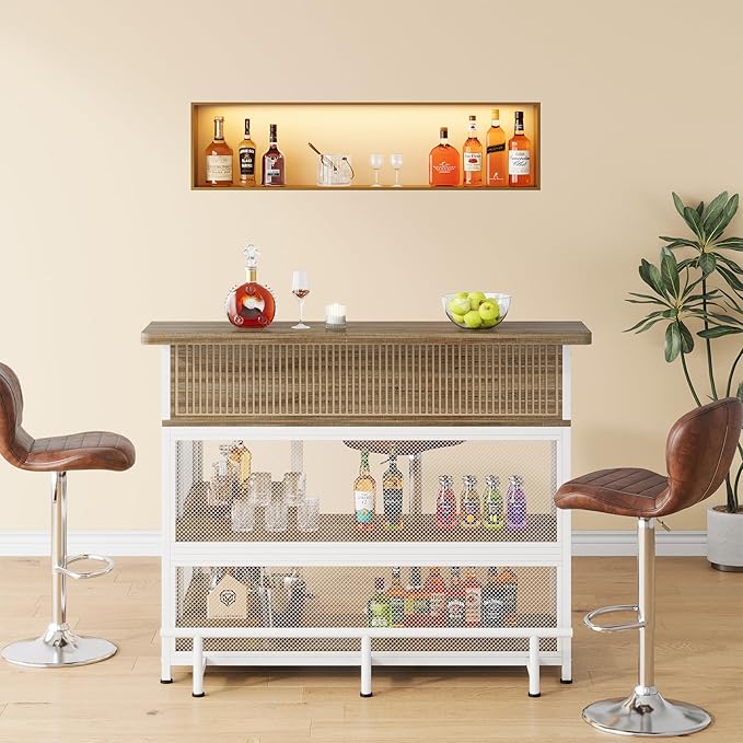 L-Shaped Home Bar Unit with Wine Glasses Holder and LED Light, Modern Bar Table - Image 4