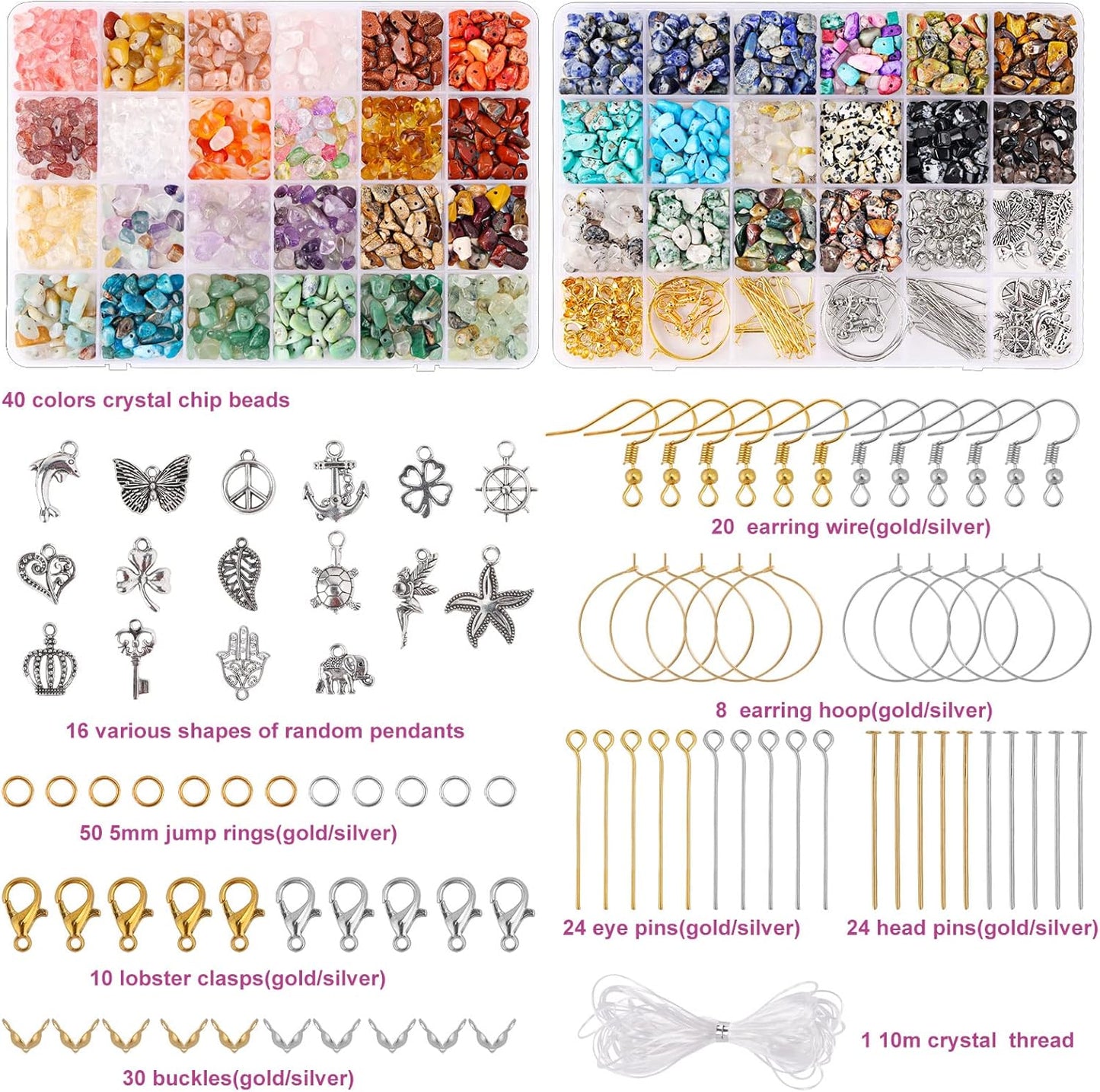 QUEFE 720pcs Crystal Chips Beads Ring Making Kit, 40 Colors Crystal Chips and Gemstone Beads for Jewelry Making Crystal Beads for Ring, Bracelets Earring Making Supplies, Craft Gifts