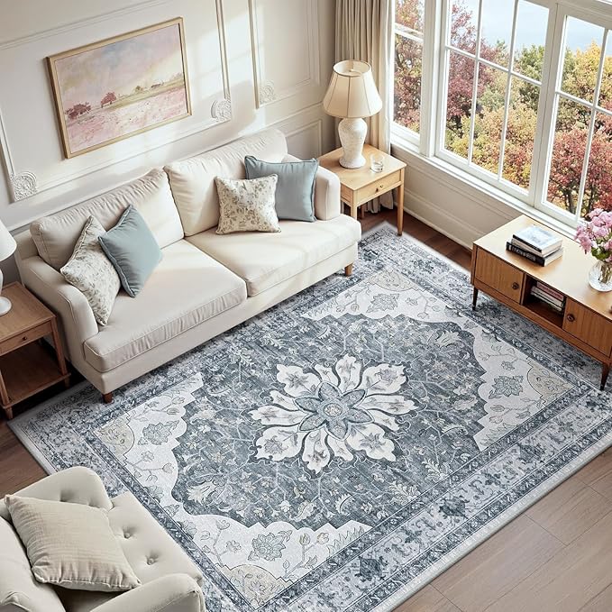 RELEANY Area Rugs 6'x9' Washable Non-Slip, Floral Vintage Distress Print by RELEANY