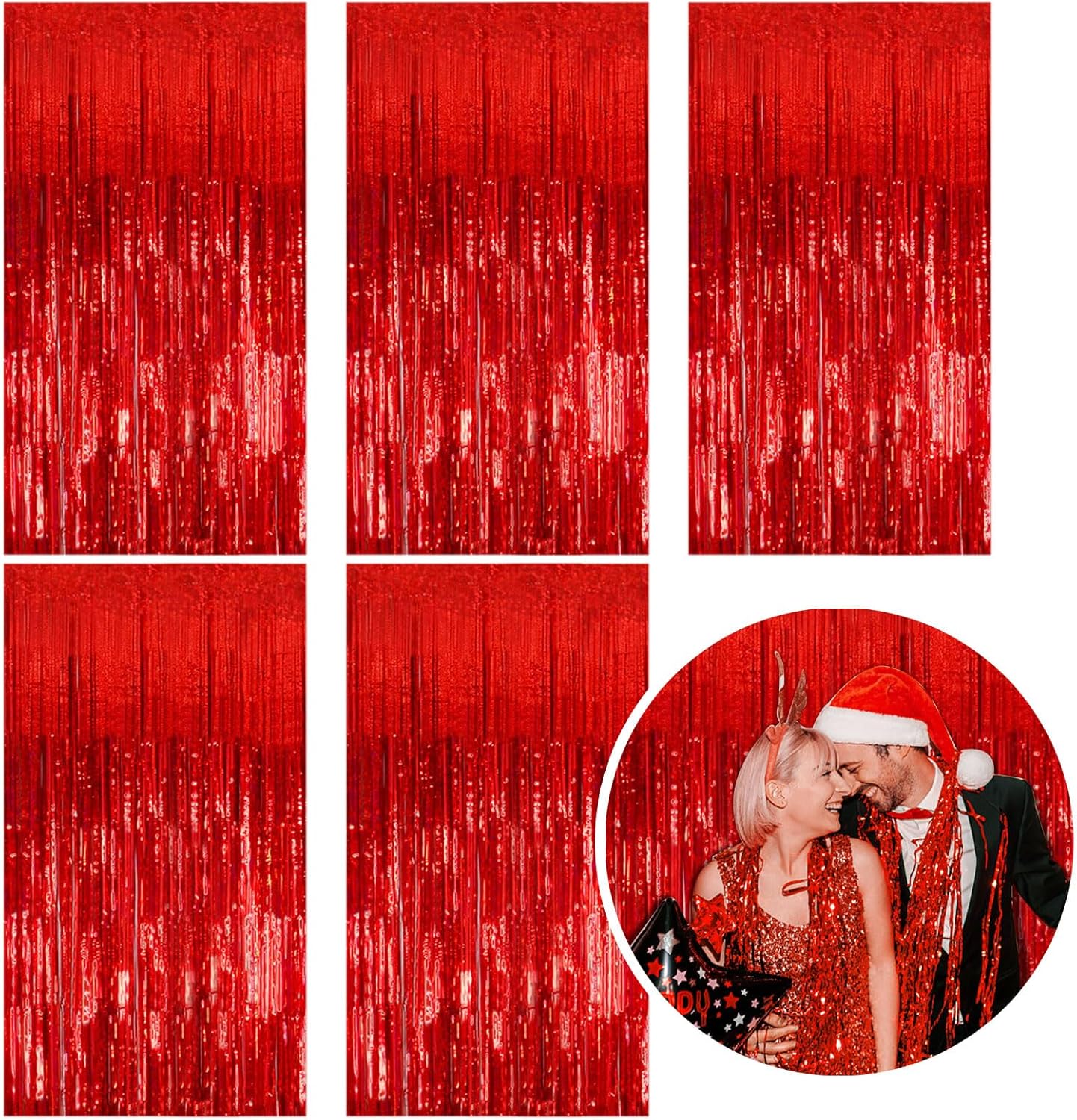 5 Pack Foil Curtain Backdrop Red Metallic Tinsel Foil Fringe Curtains Photo Booth Props for Birthday Wedding Engagement Baby Shower Bachelorette Christmas Holiday Celebration Party Decorations