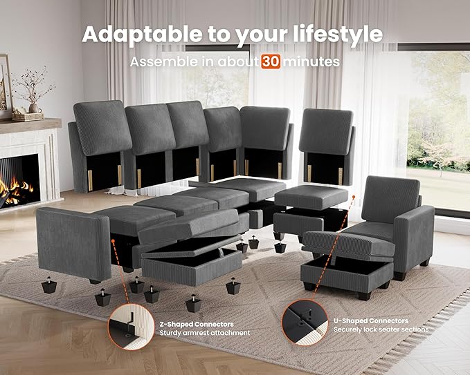 CHIC HOUSE Middle Module for Modular Couch, Corduroy Customizable Chaise - Image 4