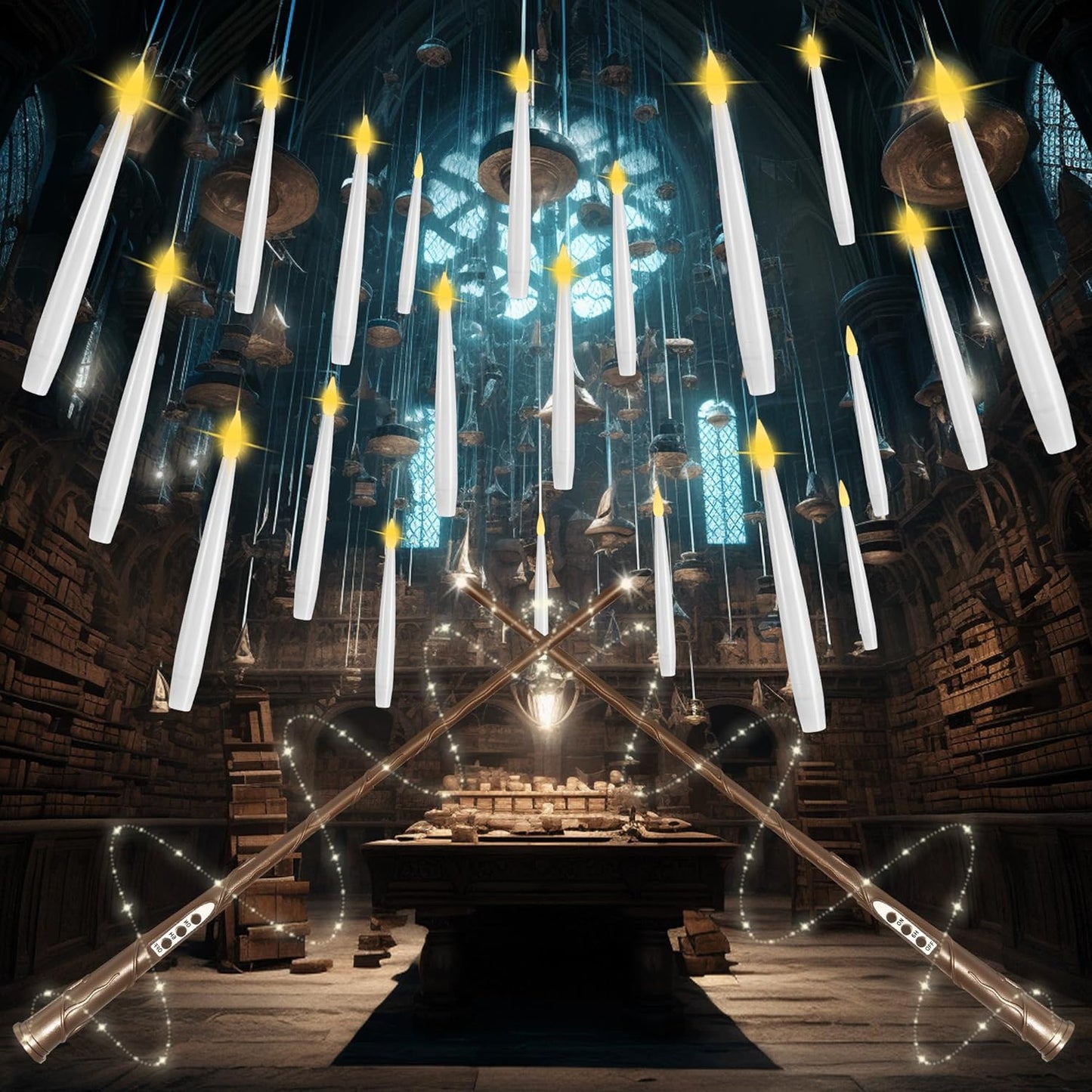 Floating Candles with Wand, 20 Pack Halloween Battery Operated LED Hanging Candles Electric Floating Candle for Halloween Party Decor Christmas 10.8in