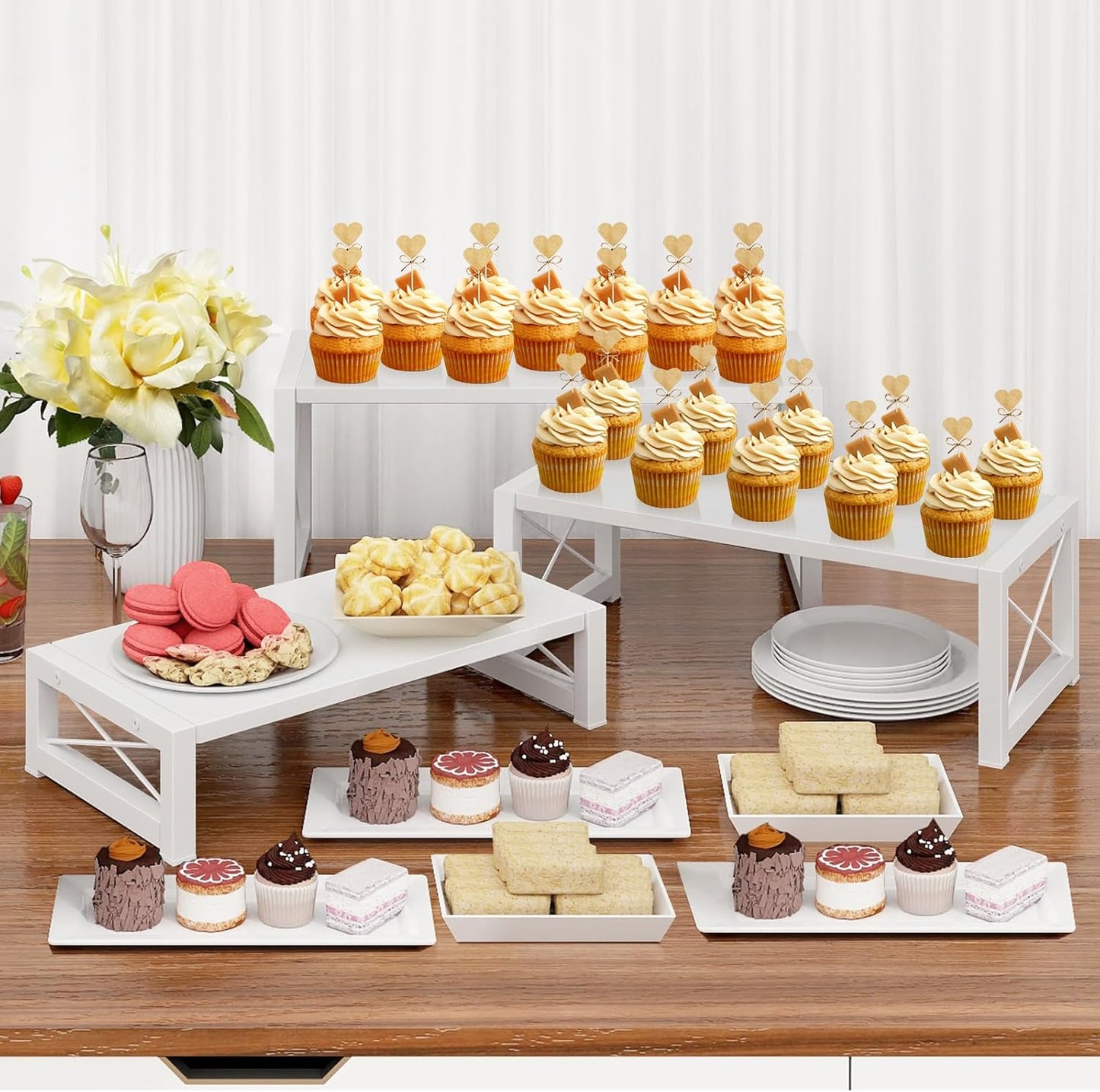 ELITEROO White 3-Tier Cupcake Stand & Wooden Display Riser, Dessert Stand for Cupcakes, Food, Perfume, Makeup, Dolls, Collectibles, Multi-Tiered Shelf Organizer for Market Vendors & Retail Display