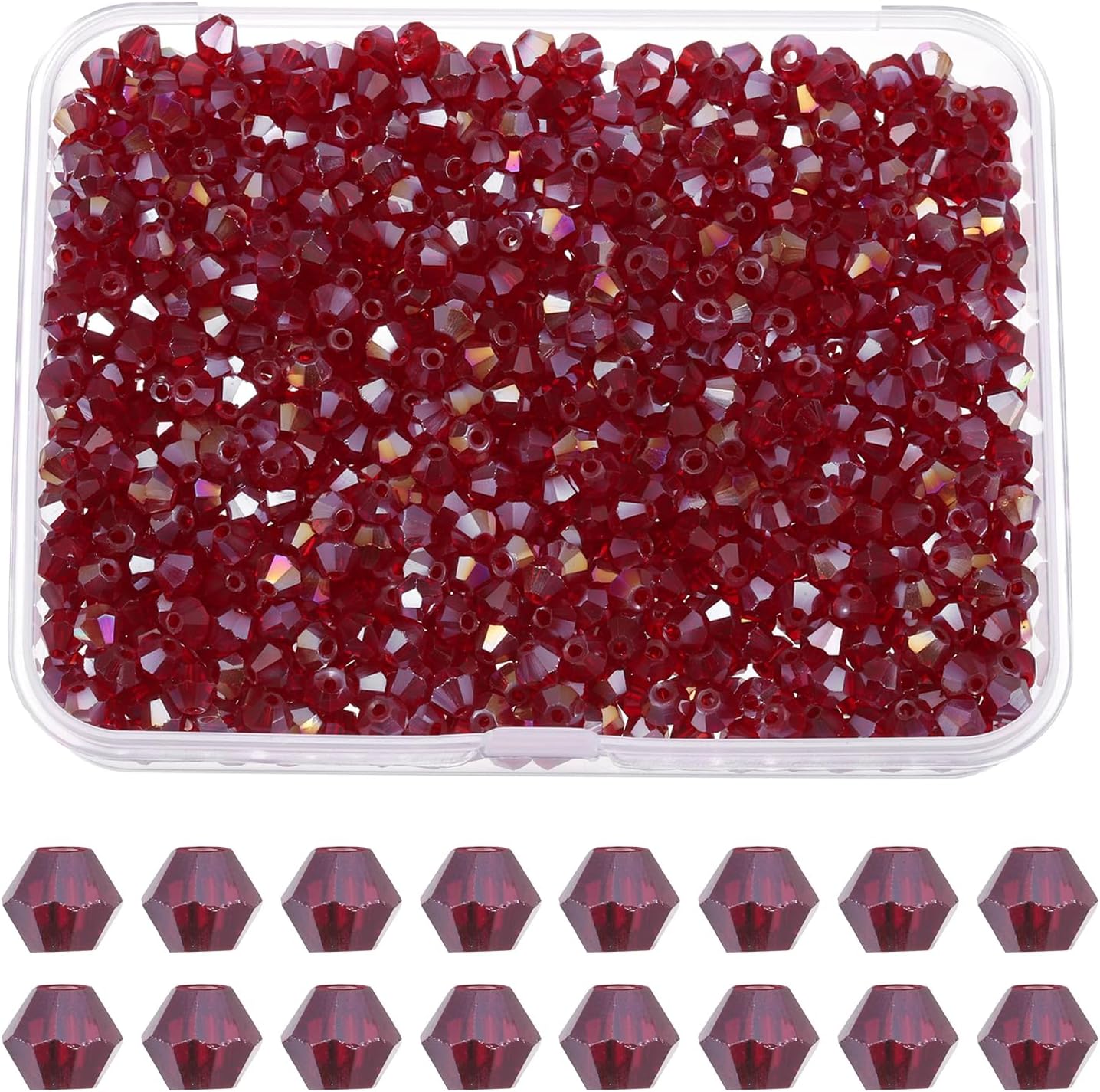 PATIKIL 1000pcs 3mm Bicone Glass Crystal Beads, Faceted Glass Spacer Beads with Box for Jewelry Making Bracelet Necklace Earrings DIY Suncatcher Craft, Dark Red AB