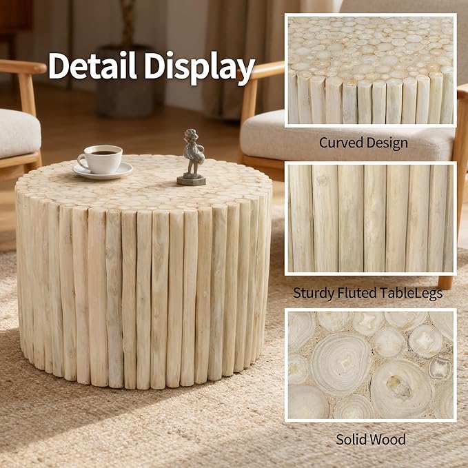 DUHOME Boho Round Coffee Table, Hand-Assembled from Solid Wood Sticks, Organic - Image 4
