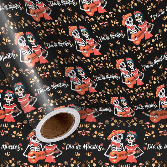 LeZakaa Day of the Dead Wrapping Paper Roll, Skulls, Día de Muertos Skeleton Couple Playing Guitar Design, for Party Celebrations, Romance, Mini Roll 17 in x 16.4 Ft
