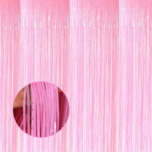 4 Pack Macaron Pink Tinsel Foil Fringe Curtain Backdrop, 3.28Ft x 8.2Ft Metallic Streamers for Photo Booth Props Wedding Bridal Shower Bachelorette Birthday Halloween Christmas Party Decoration