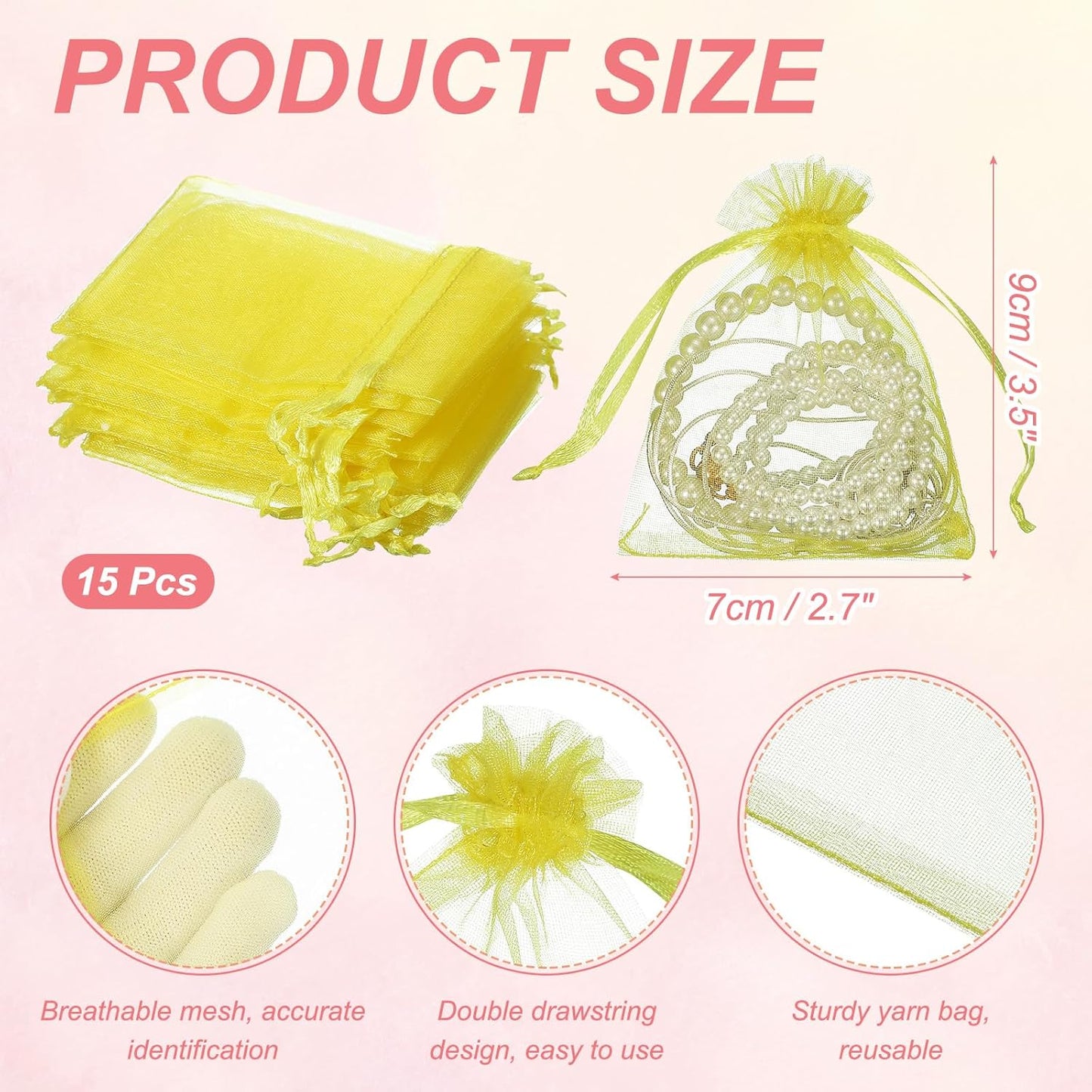 uxcell 50 Pcs Organza Gift Bags, 2.7x3.5 Inch Drawstring Pouches Jewelry Gift Bags, Small Wedding Favor Pouches for Christmas Birthday Wedding Goodie Candy Candle, Yellow
