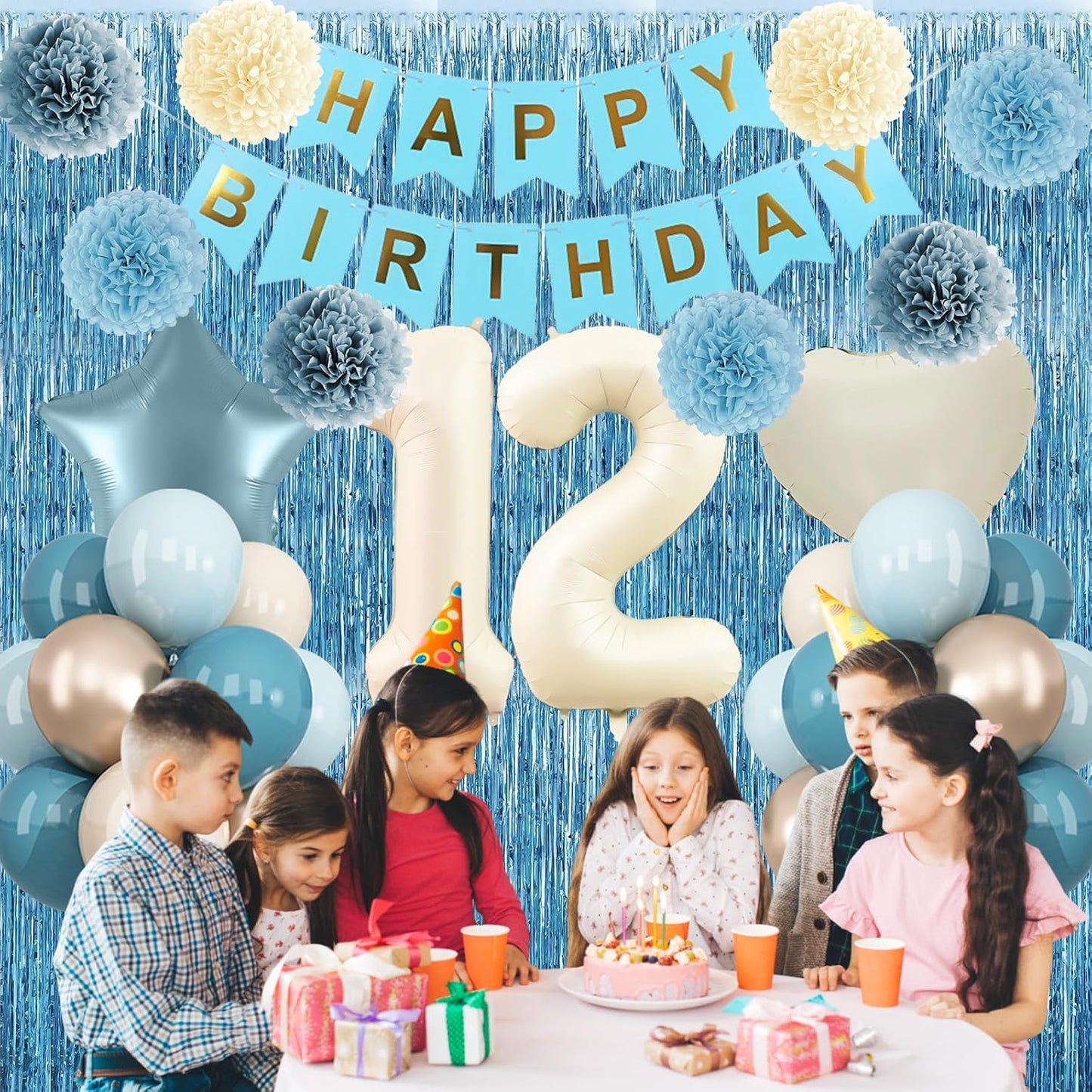 Dusty Blue 12th Birthday Party Decorations Boys Girls Beige Cream Number 12 Balloon with Blue Gold Happy Birthday Banner Fringe Curtain Paper Pom Poms Nude White Sand Champagne Star Foil Balloons