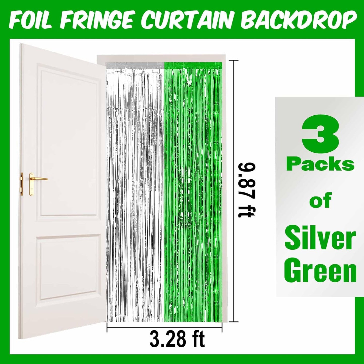 3 Pack Silver Green Foil Fringe Curtains Backdrop, 3.28 x 9.8 Ft Metallic Streamers Tinsel Curtains Background for Photo Booth, Birthday, Halloween, Christmas, Thanksgiving, New Year Party Decorations