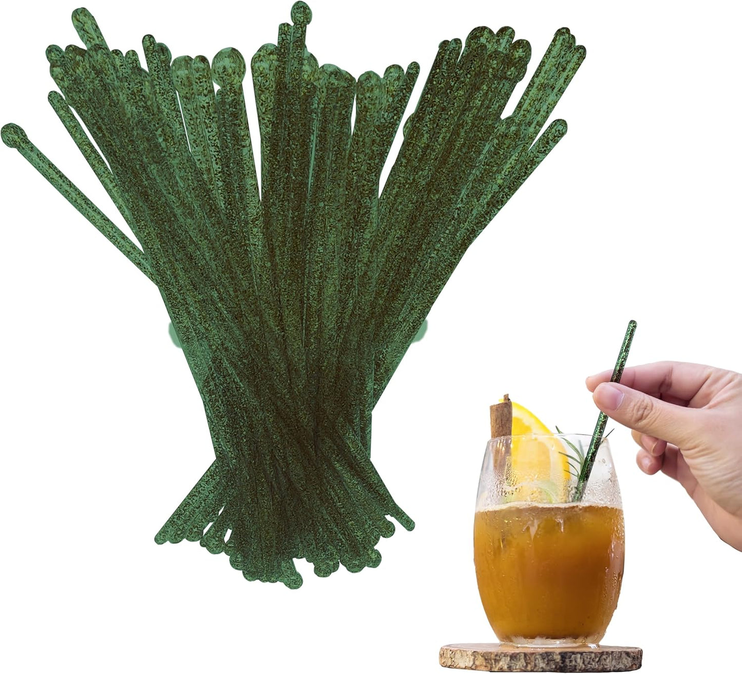 Coffee and Cocktail Stirrers, Reusable Plastic Drink Stirrer Sticks, 100 Ball Head Swizzle Sticks, Use as a Cocktail Garnish or Cake Pop Stick, and Restaurant Supplies, 6 inch (GREEN)