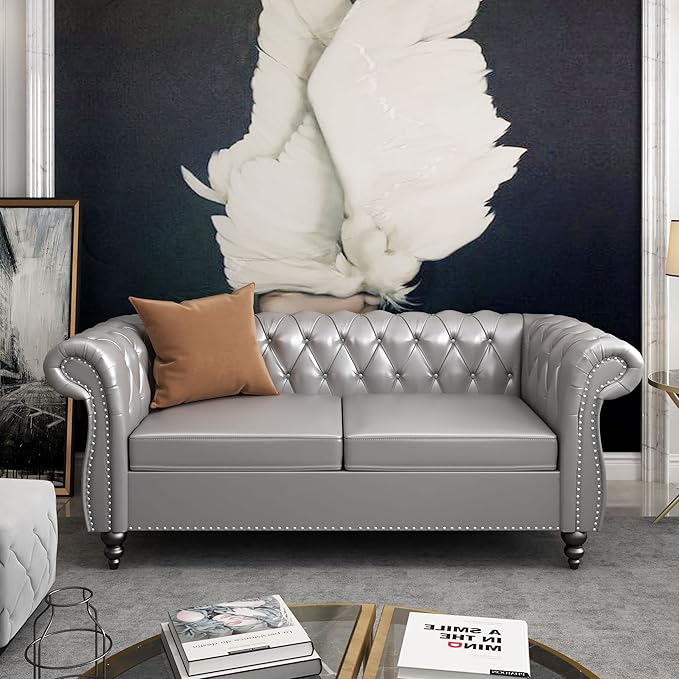 ORRD 2 Piece Living Room Set, Chesterfield Leather Sofa Couch Chair - Image 3