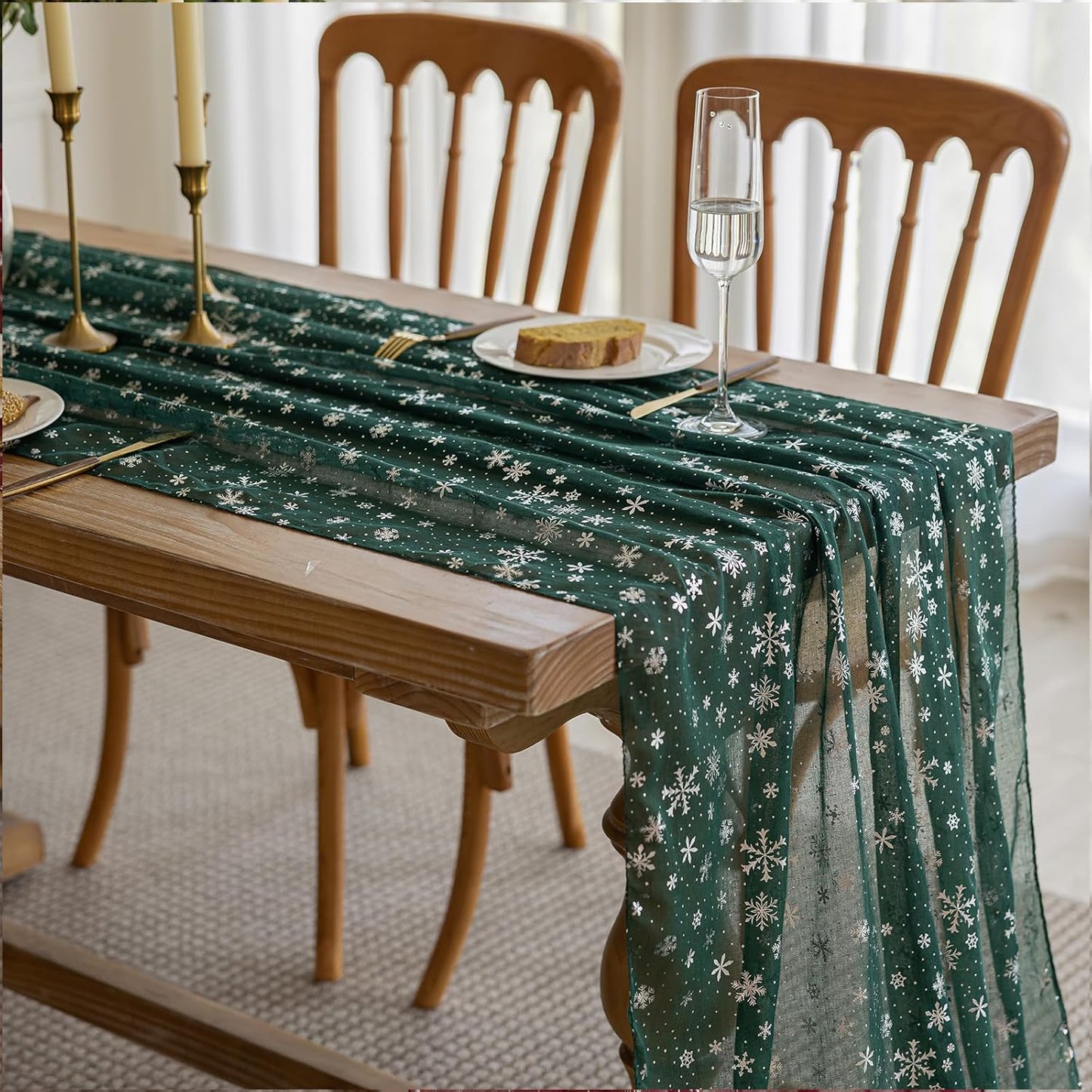 Silvery Snowflake Metallic Print Tulle Christmas Table Runner, Seasonal Winter Kitchen Dining Table Decoration for Home Party Decor 35x120 Inch (Green)