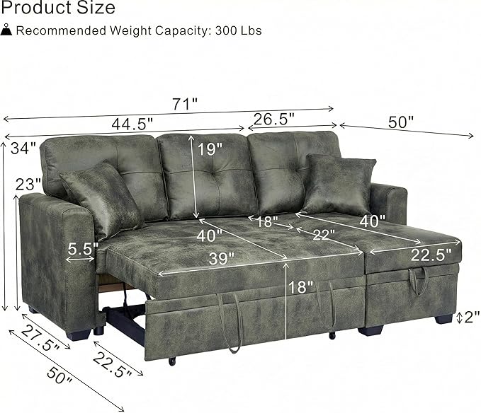 L Shaped Sectional Couch with Storage and Pull Out Bed, 3 Seater Sleeper Sofas - Image 4